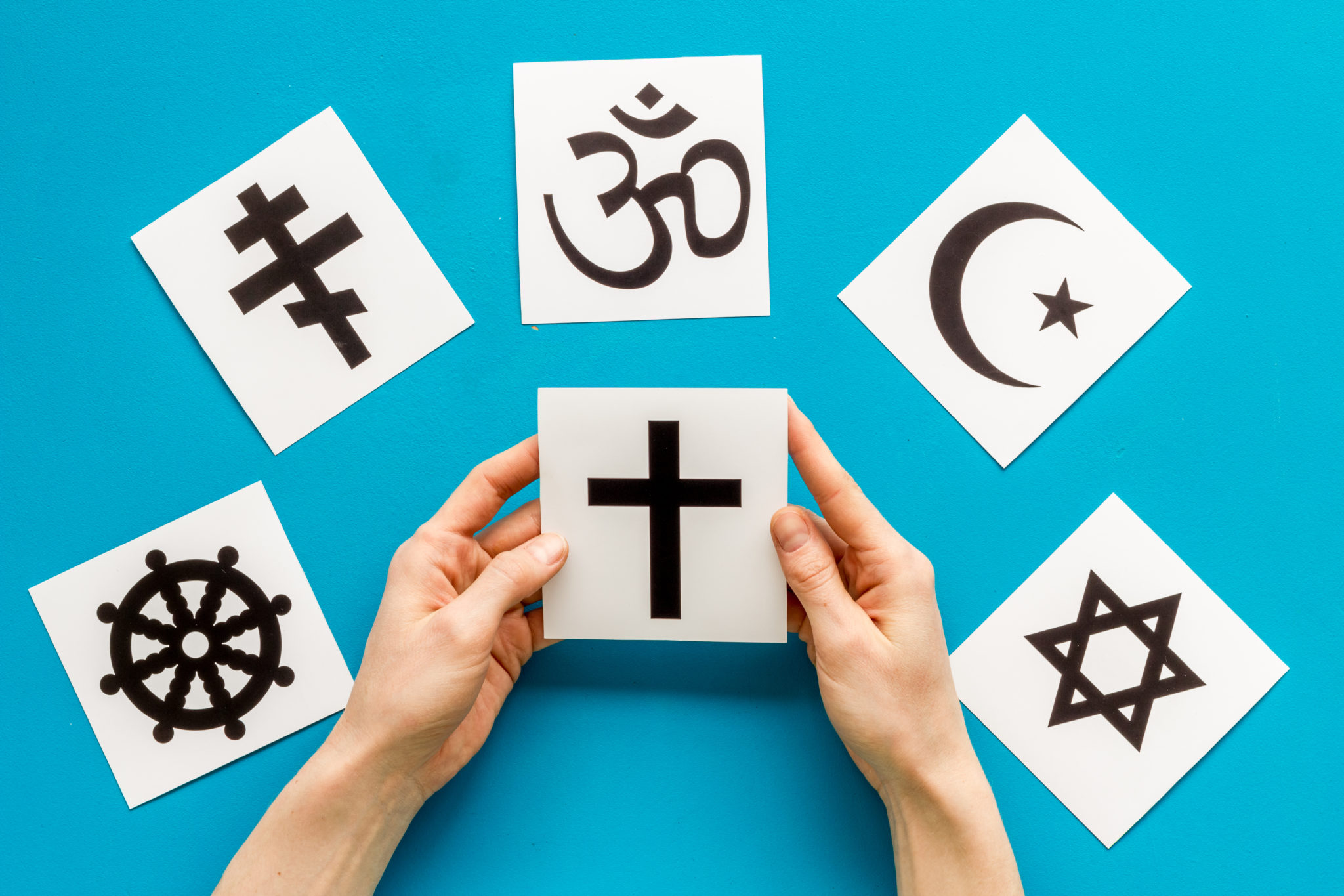 Choose,Religion,Concept.,Hand,With,Catholic,Cross,Near,World,Religions